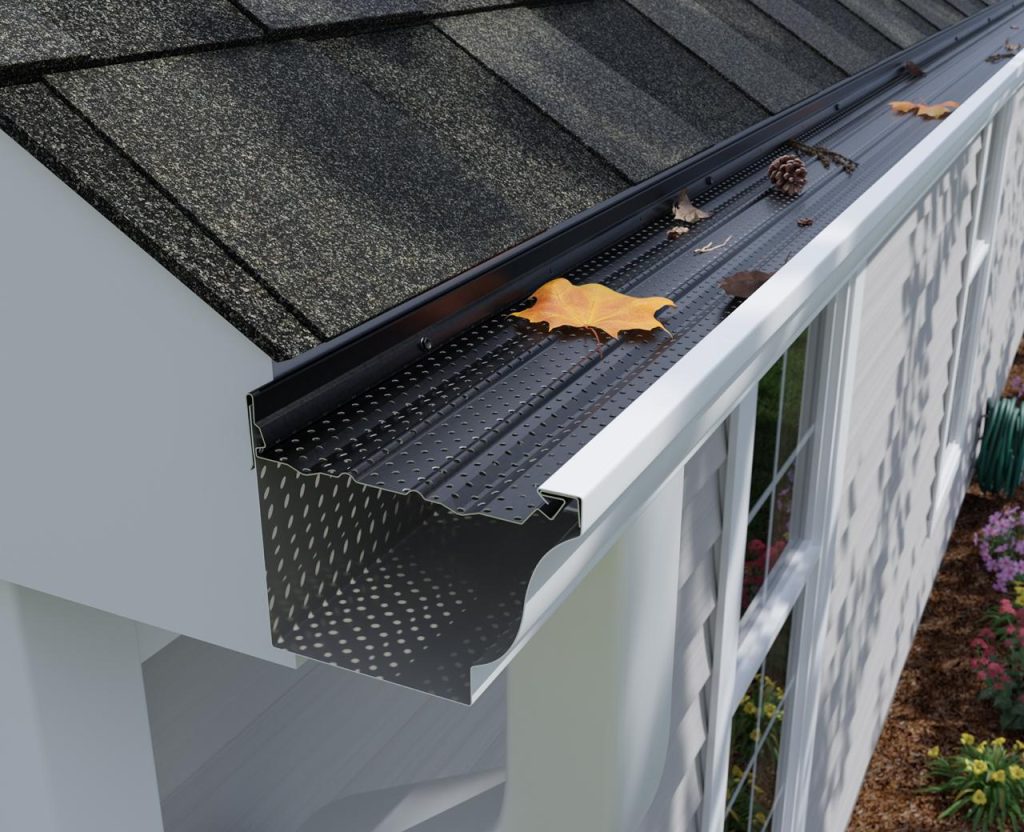 Black Sasquatch product profile showing the front-hem lock and rear screw ledge that makes the retrofit path predictable across a mixed-gutter portfolio.