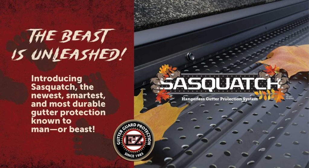 Sasquatch hangerless aluminum gutter protection cover shown against a commercial roof edge, illustrating the profile Texas multifamily and HOA portfolios are retrofitting from older traditional guard products.
