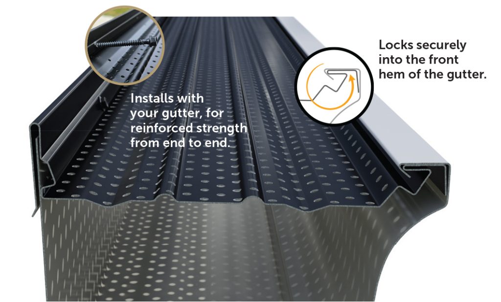Sasquatch aluminum gutter cover profile in service &mdash; the hangerless system Texas commercial property managers inspect after every named hail event to document survival against traditional guard damage patterns.